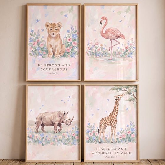 Watercolor wildflower safari animals wall art set of 4 with a lion cub, flamingo, rhino, giraffe, and Bible verses.