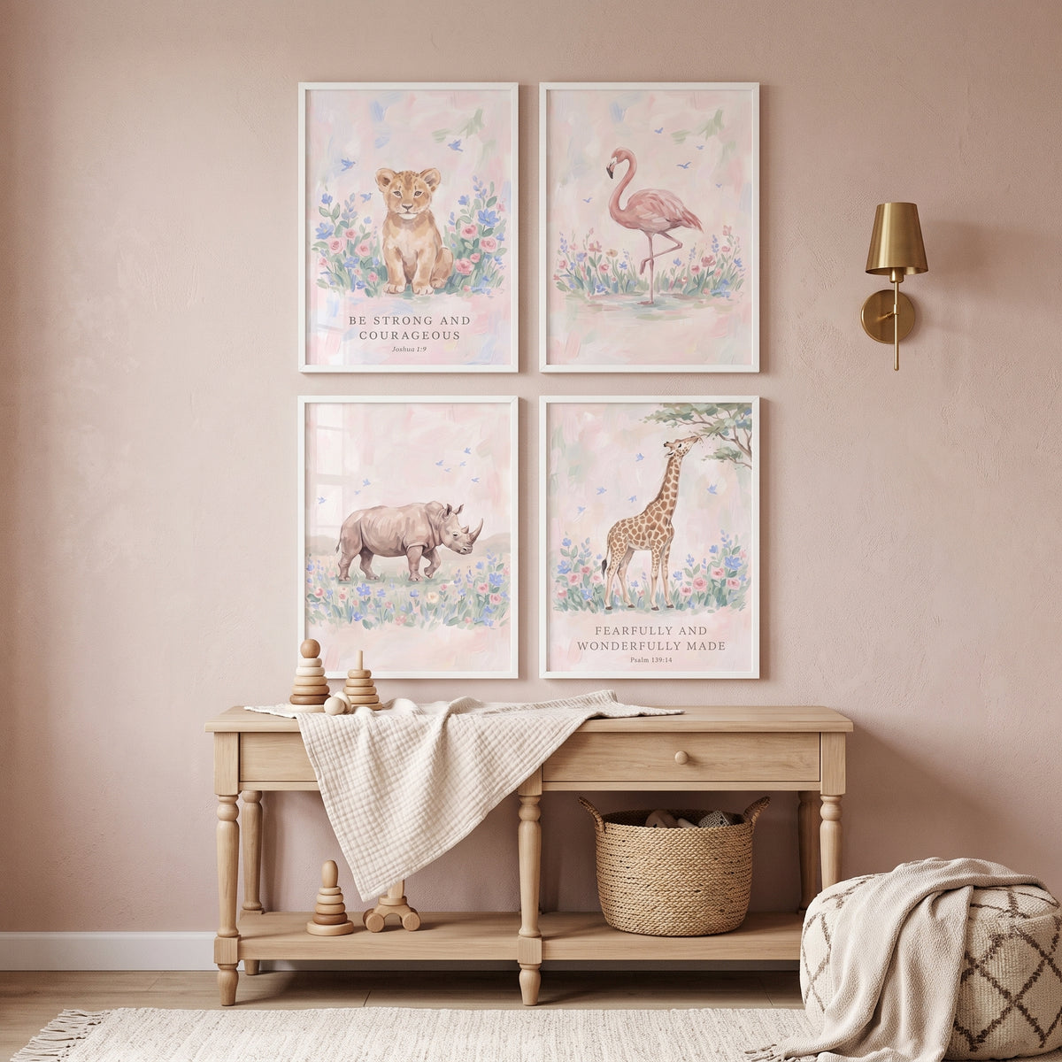 Watercolor Wildflower Safari Animals Wall Art Set Of 4 - Faithful Safari Friends