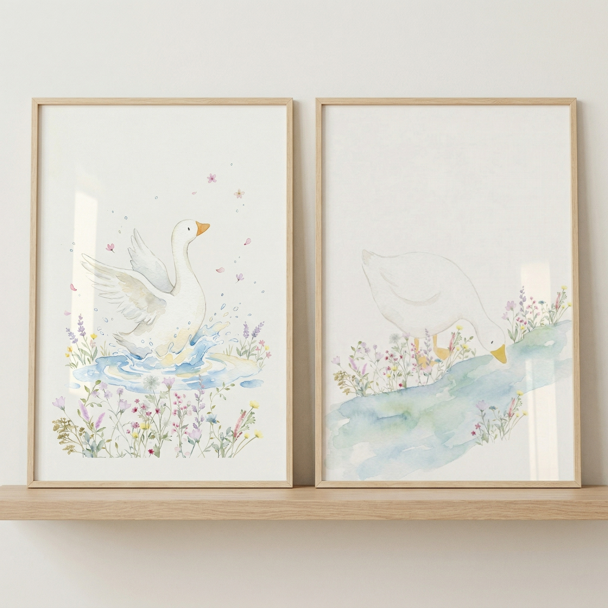 Watercolor Wildflower White Goose Wall Art Set of 2 - Serene Meadow Geese