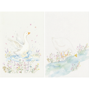 Two side-by-side vertical panels featuring a white goose in a soft watercolor style. In the left panel, the bird splashes in a small pool of water with its wings outstretched, surrounded by delicate purple and yellow wildflowers. Pink petals drift through the air. In the right panel, the goose leans its head down to drink from a light blue stream that flows past a bank of colorful meadow flowers. Both scenes use gentle pastel colors against a clean white backdrop.