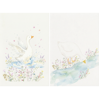 Two side-by-side vertical panels featuring a white goose in a soft watercolor style. In the left panel, the bird splashes in a small pool of water with its wings outstretched, surrounded by delicate purple and yellow wildflowers. Pink petals drift through the air. In the right panel, the goose leans its head down to drink from a light blue stream that flows past a bank of colorful meadow flowers. Both scenes use gentle pastel colors against a clean white backdrop.
