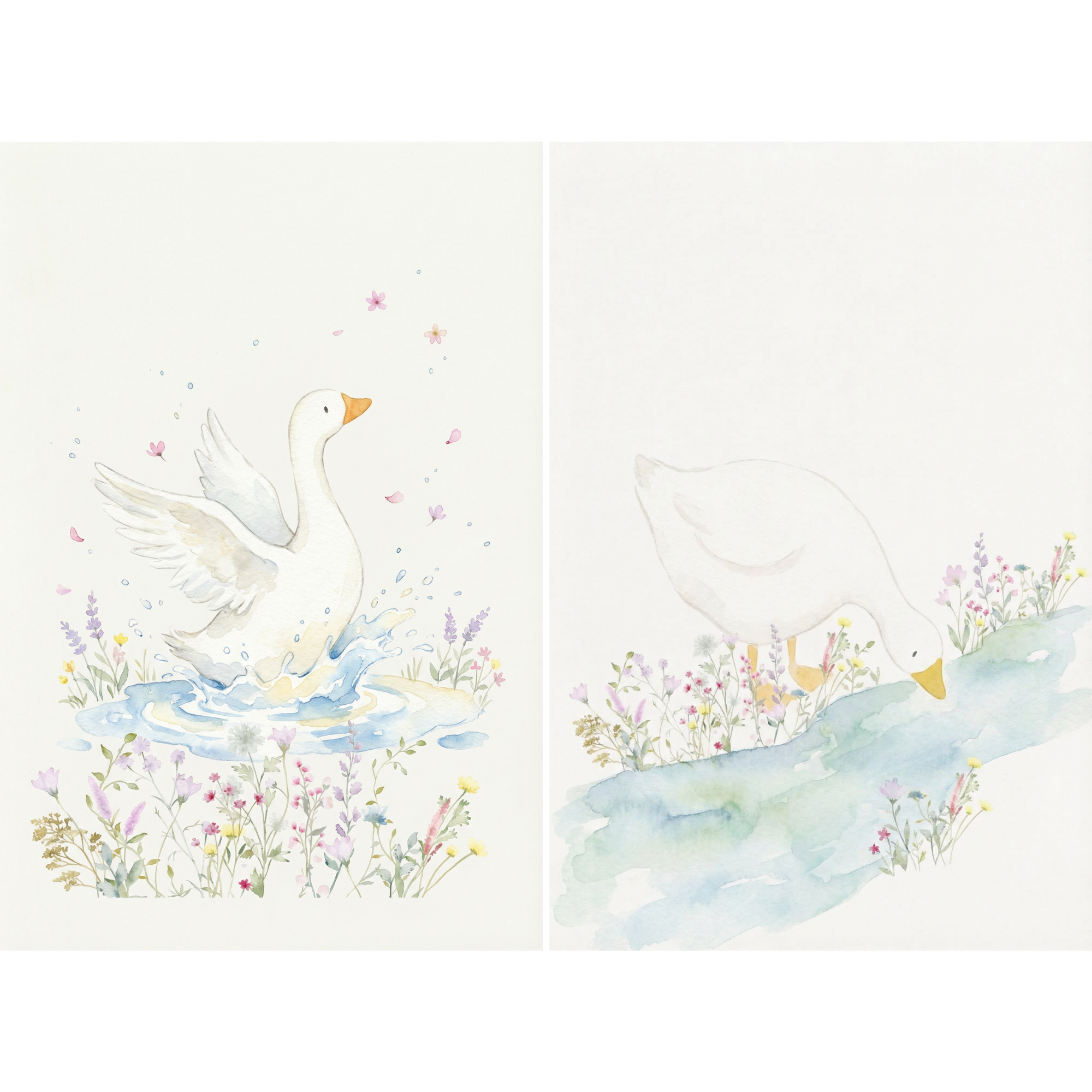 Watercolor Wildflower White Goose Wall Art Set of 2 - Serene Meadow Geese