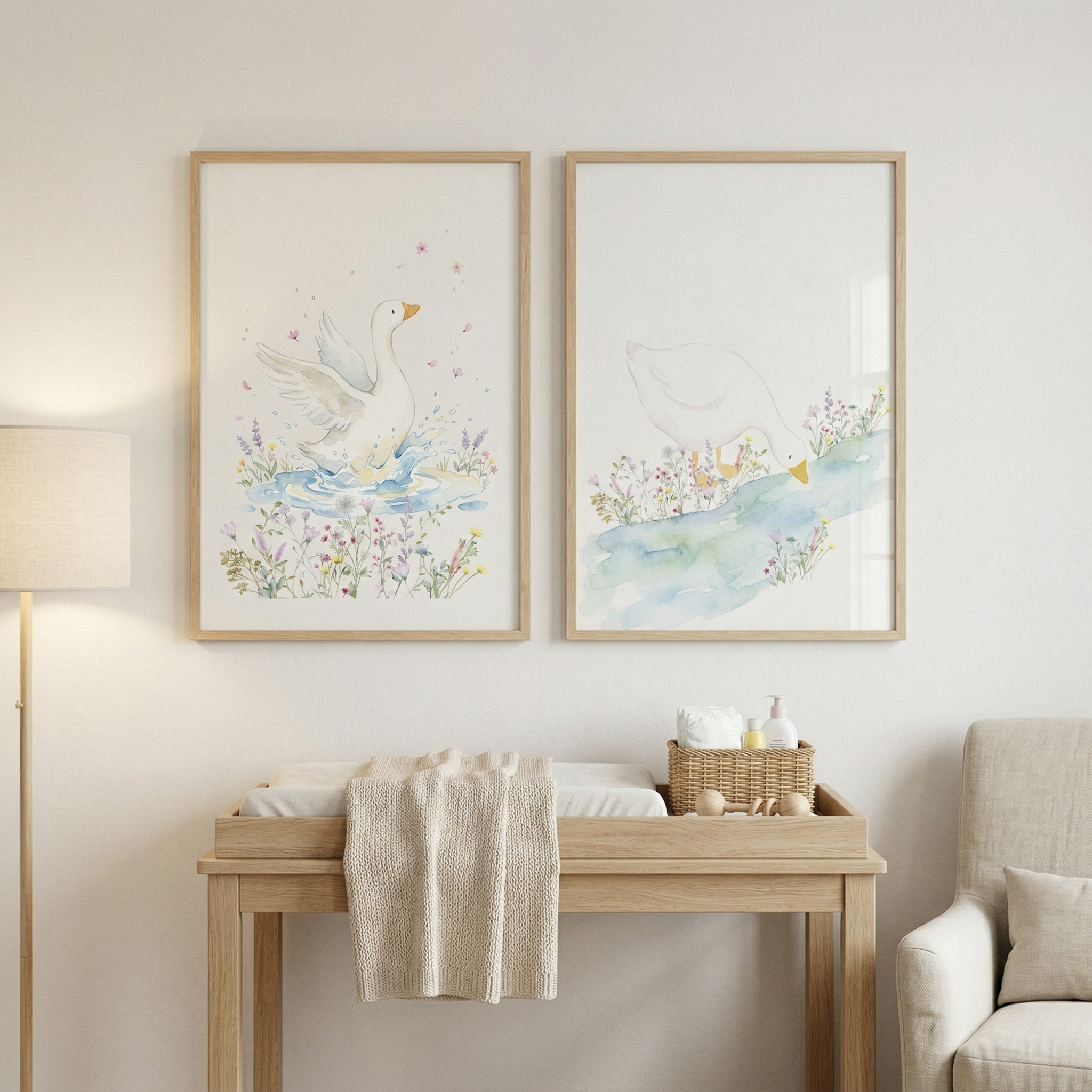 Two framed watercolor illustrations show white ducks in gentle nature scenes one splashing in water surrounded by small flowers and the other bending to drink from a stream. The prints hang above a light wood changing table with soft neutral decor creating a calm nature inspired nursery setting.