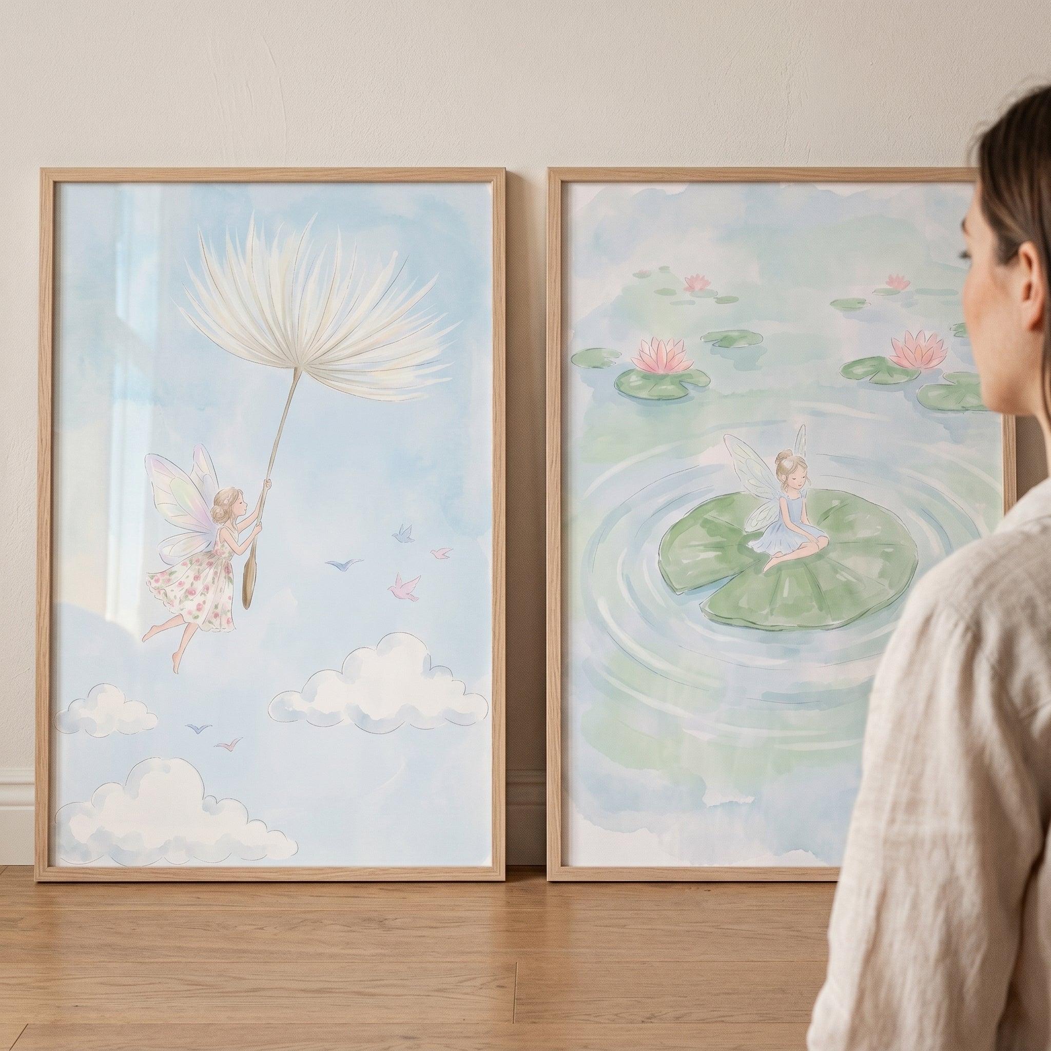 Watercolor Winged Fairy Wall Art Set of 2 - Magical Sky Pond