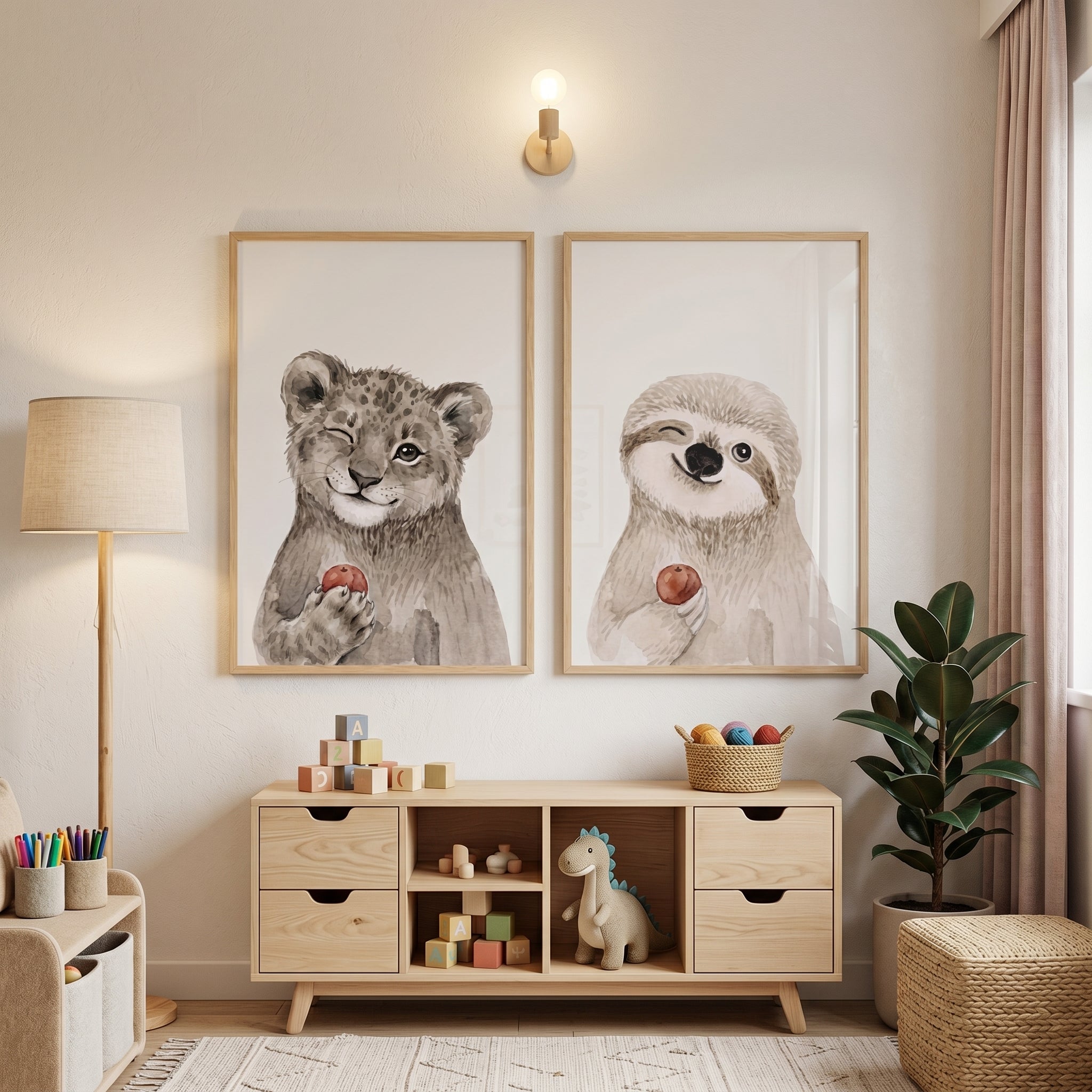 Watercolor Winking Apple Animals Wall Art Set of 2 - Sweet Safari Snacks