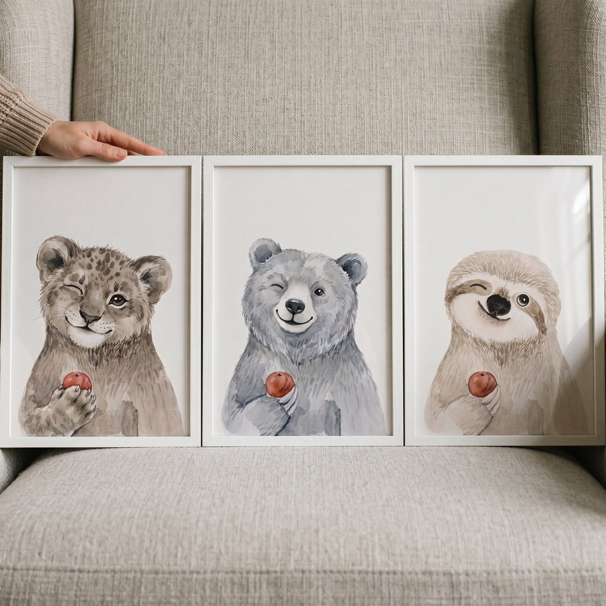 Watercolor Winking Baby Animal Wall Art Set of 3 - Sweet Berry Trio