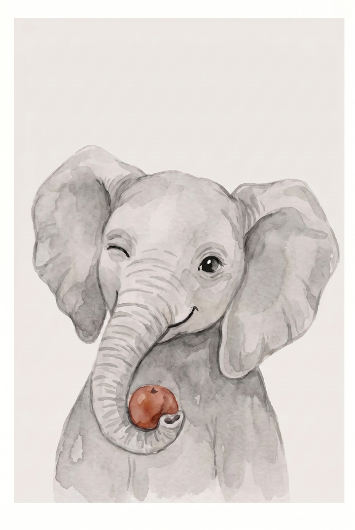 Watercolor winking elephant wall art of a smiling gray calf holding a red fruit with its trunk.