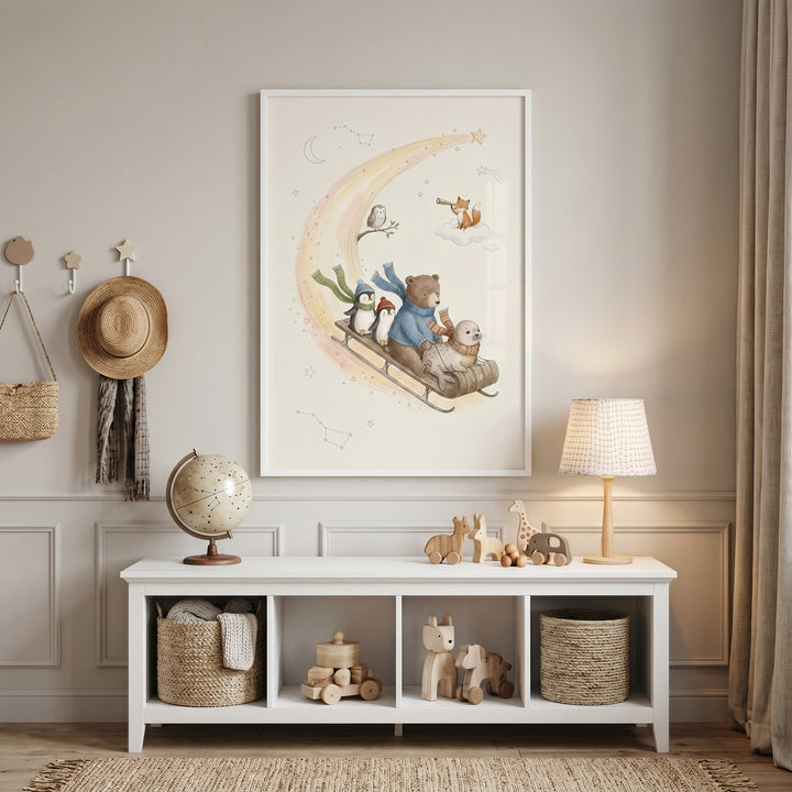 Watercolor winter sledding animals wall art above a white toy bench with baskets, a globe, and wooden toys in a nursery.