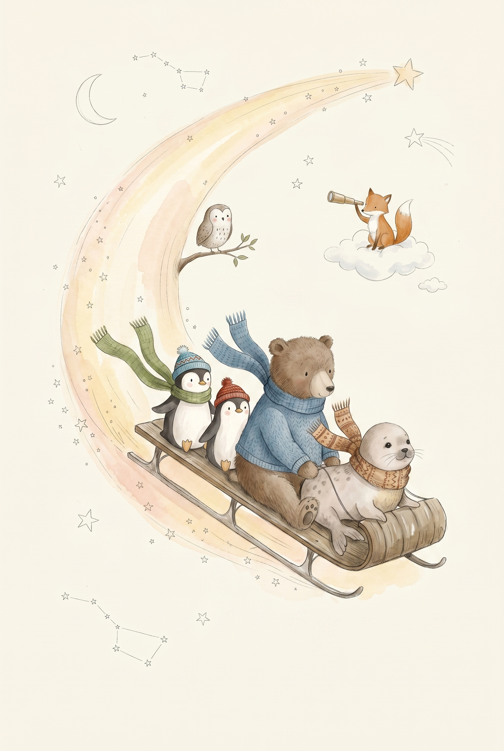 Watercolor Winter Sledding Animals Wall Art - Celestial Sled Ride