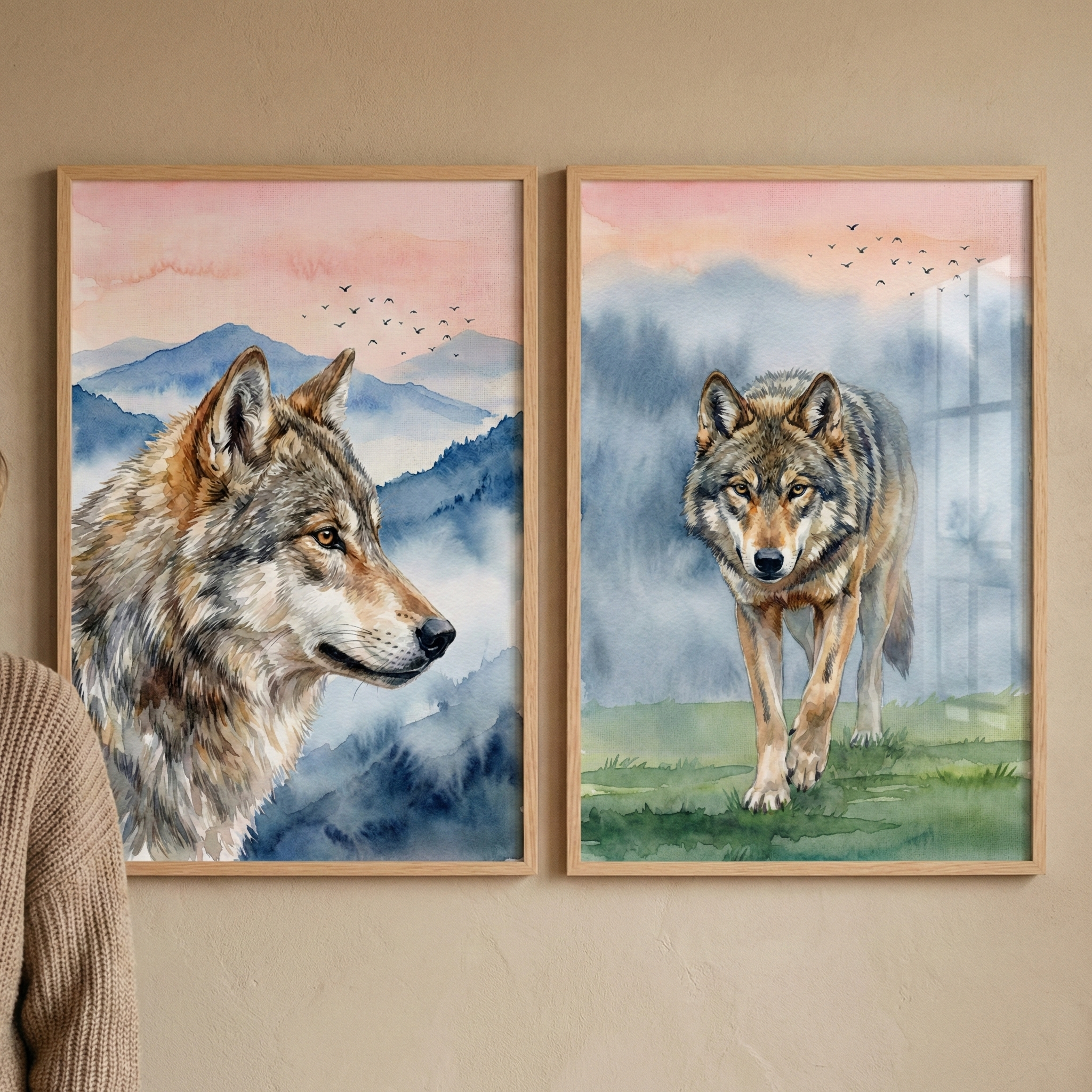 Watercolor Wolf Wall Art For Kids Room Set of 2 - Wild Spirit Duo