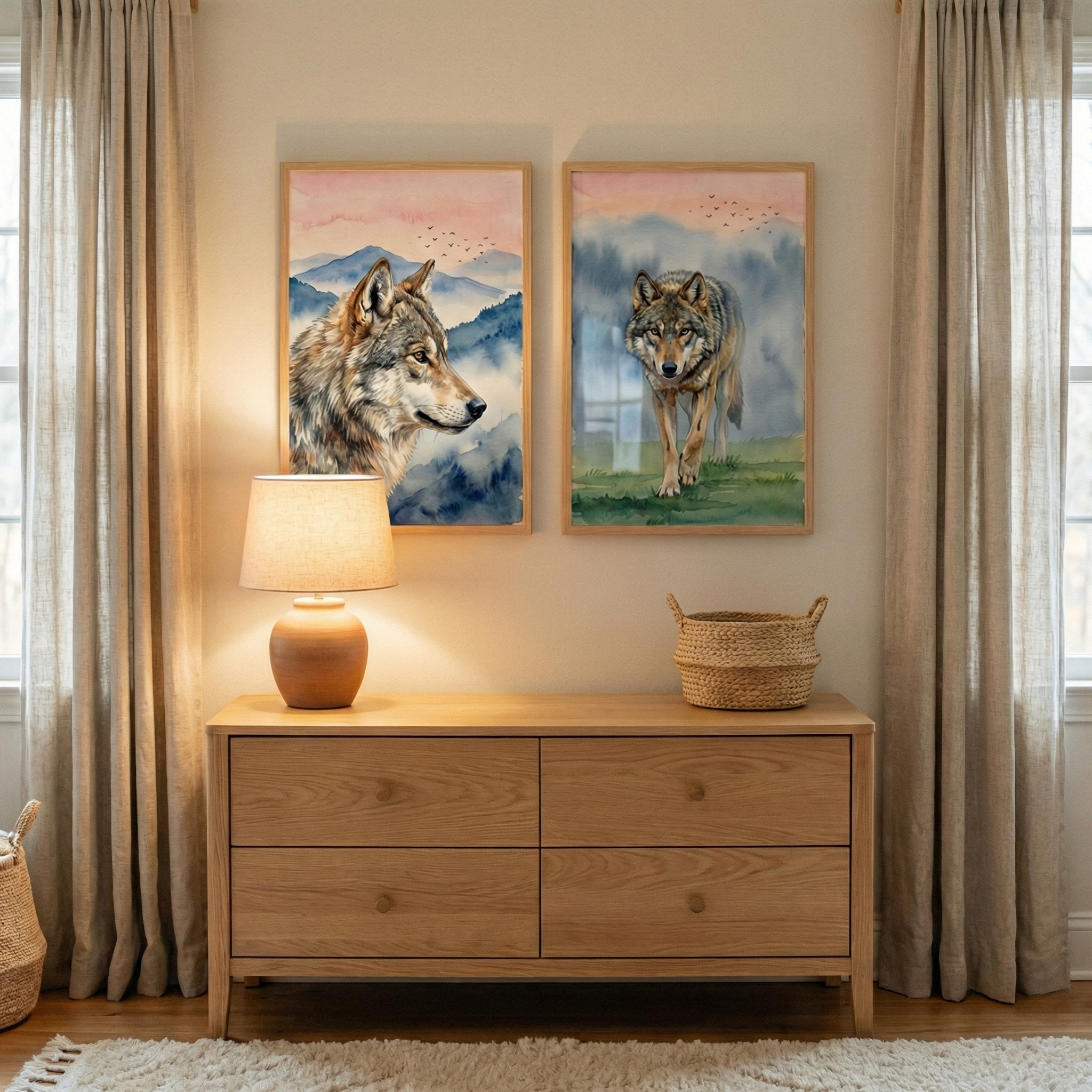 Watercolor Wolf Wall Art For Kids Room Set of 2 - Wild Spirit Duo