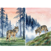 Two watercolor paintings of wolves in misty forest and mountain landscapes beneath soft pink skies with birds flying overhead. One shows a wolf standing among tall pine trees in a foggy forest clearing, while the other shows a wolf walking down a grassy hillside with dark evergreen trees and drifting mist in the background.
