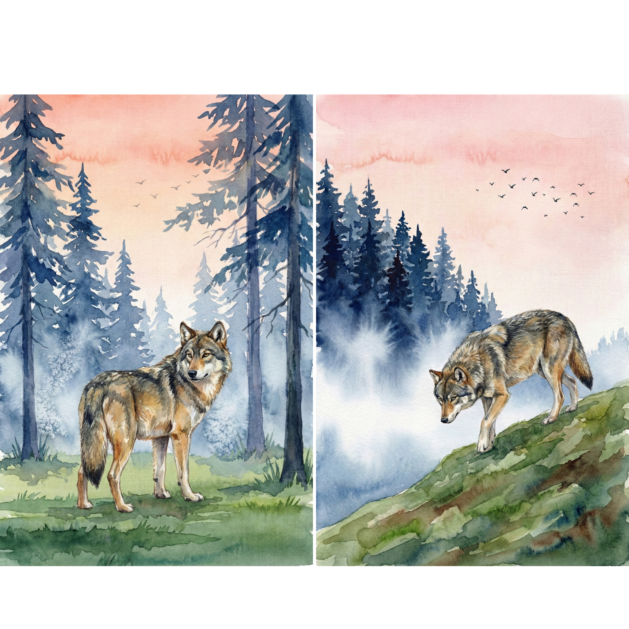 Two watercolor paintings of wolves in misty forest and mountain landscapes beneath soft pink skies with birds flying overhead. One shows a wolf standing among tall pine trees in a foggy forest clearing, while the other shows a wolf walking down a grassy hillside with dark evergreen trees and drifting mist in the background.
