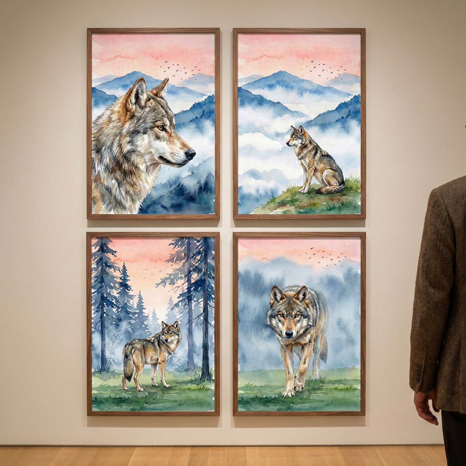 Four framed watercolor illustrations are arranged in a 2x2 grid on a beige wall. Each piece depicts a wolf within a misty, mountain landscape under a soft pink sunset sky filled with small birds. The top-left art shows a profile view of a wolf's head. The top-right shows a wolf sitting on a grassy ridge. The bottom-left shows a wolf in a pine forest, and the bottom-right shows a wolf walking toward the viewer. A man in a brown jacket is partially visible on the right, looking at the art.