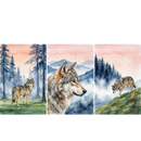 Three watercolor paintings of wolves in misty mountain forests beneath soft pink skies. One shows a wolf standing among tall pine trees, the center shows a close side profile portrait of a wolf against layered blue mountains with birds flying above, and the third shows a wolf walking down a grassy hillside with dark evergreen trees and fog in the background.

