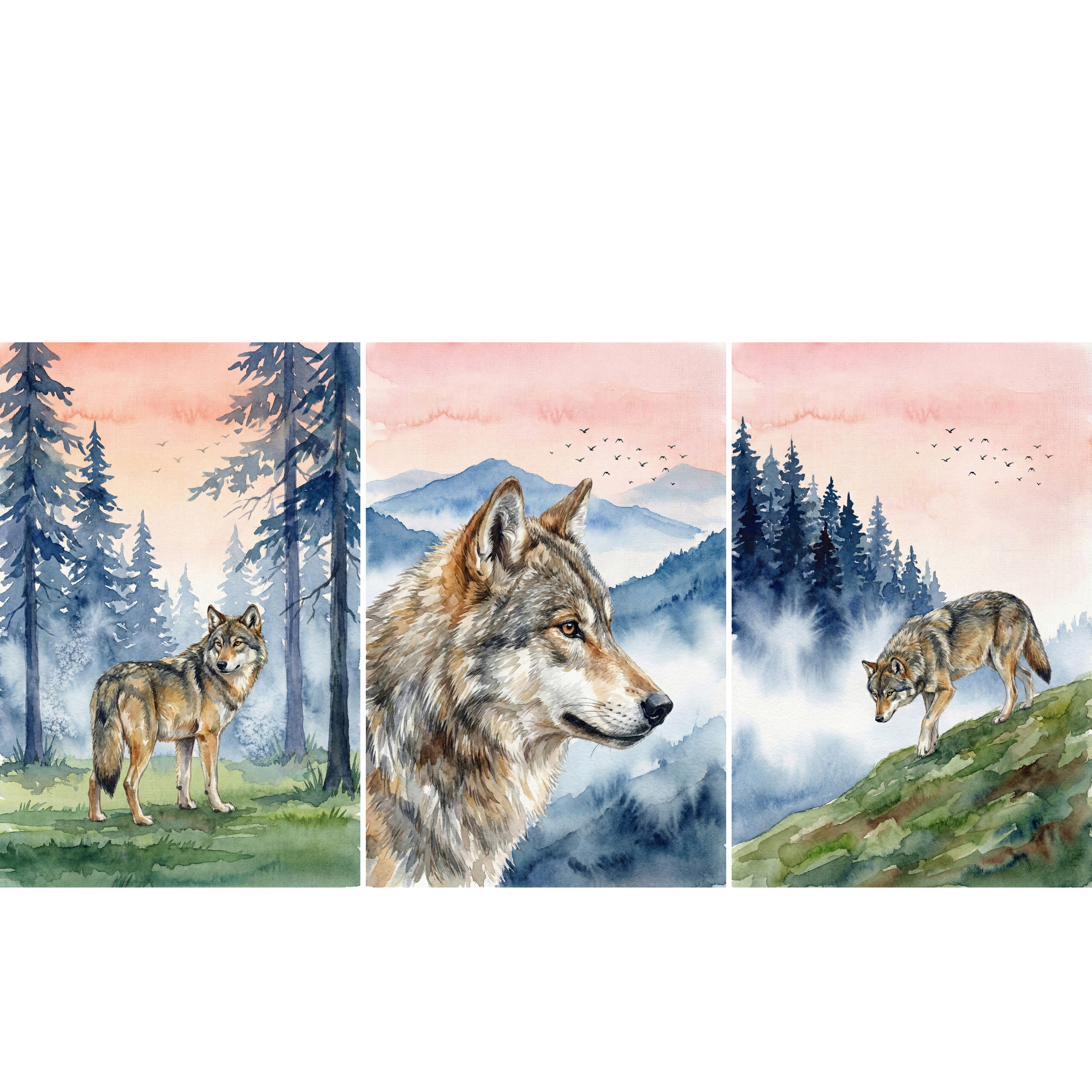 Three watercolor paintings of wolves in misty mountain forests beneath soft pink skies. One shows a wolf standing among tall pine trees, the center shows a close side profile portrait of a wolf against layered blue mountains with birds flying above, and the third shows a wolf walking down a grassy hillside with dark evergreen trees and fog in the background.

