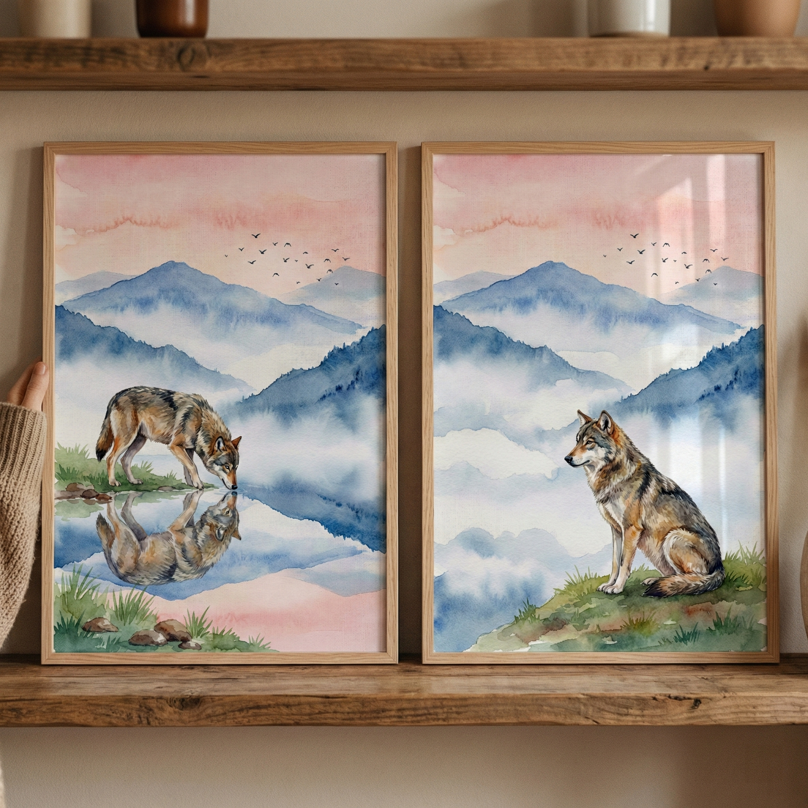 Two wooden-framed watercolor-style art pieces sit side-by-side on a rustic wooden shelf. Both illustrations feature a serene landscape of misty blue mountains under a soft pink and orange sky with a small flock of birds flying in the distance. The left piece shows a wolf standing on a grassy bank, leaning down to drink from a mirror-like pool of water that shows its reflection. The right piece depicts a wolf sitting on a grassy hill, looking off to the side. 