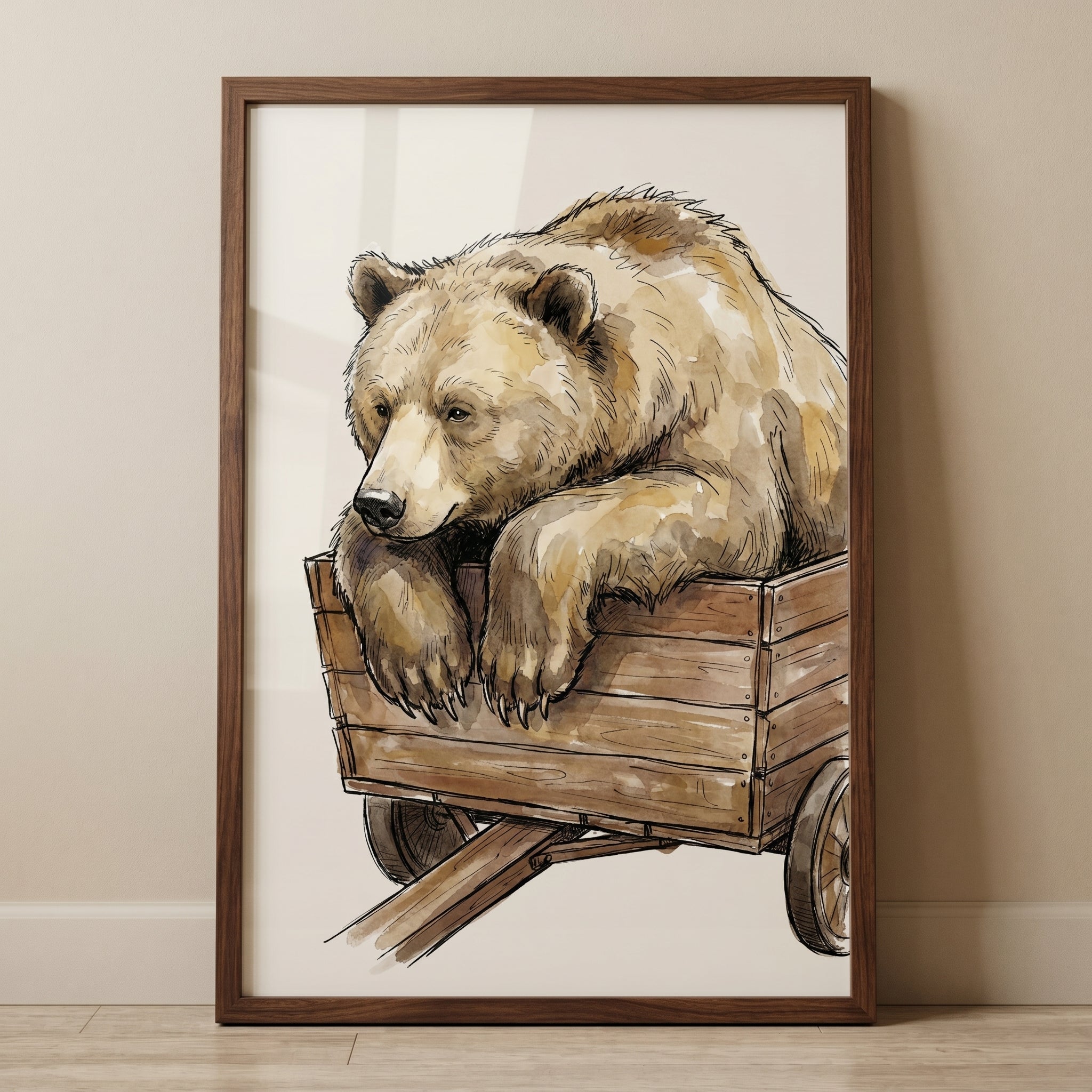Watercolor Wooden Cart Bear Wall Art - Wagon Ride Bear