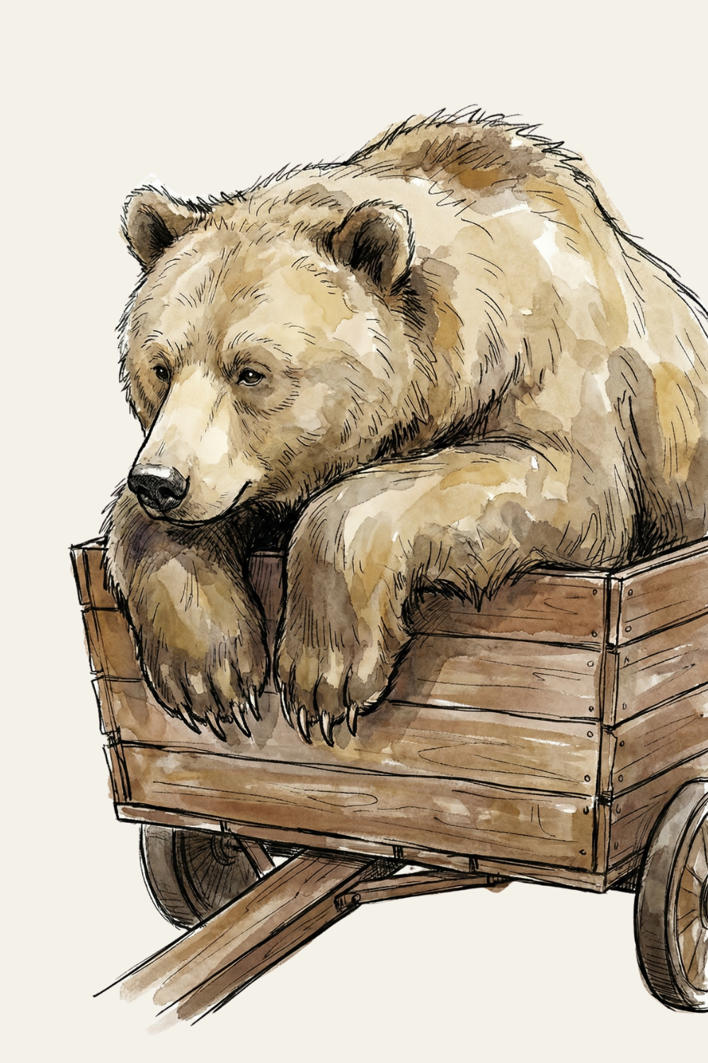 Watercolor Wooden Cart Bear Wall Art - Wagon Ride Bear
