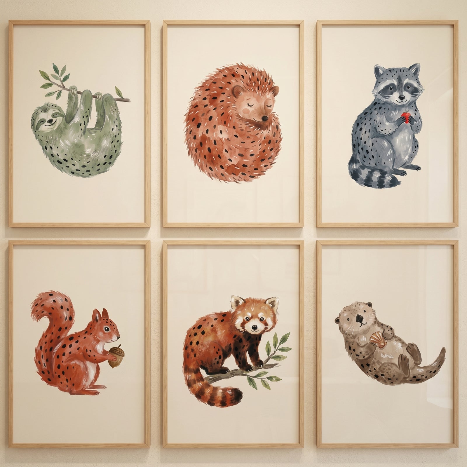 Watercolor woodland animals wall art set of 6 featuring a sloth, hedgehog, raccoon, squirrel, red panda, and otter.