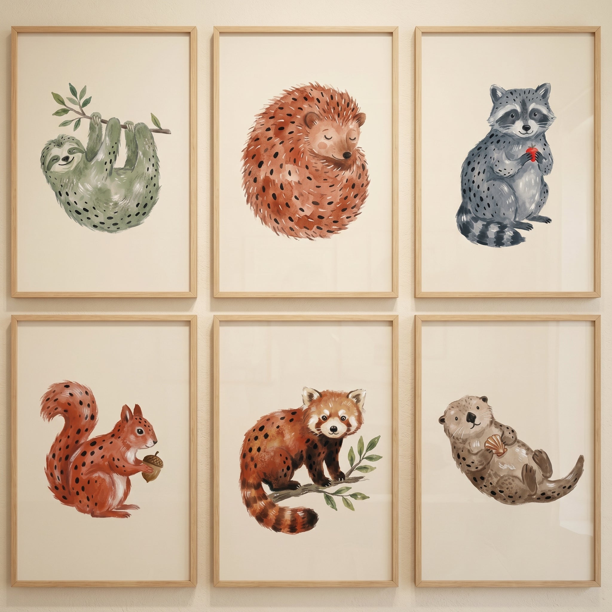 Watercolor Woodland Animals Wall Art Set of 6 - Whimsical Forest Dwellers