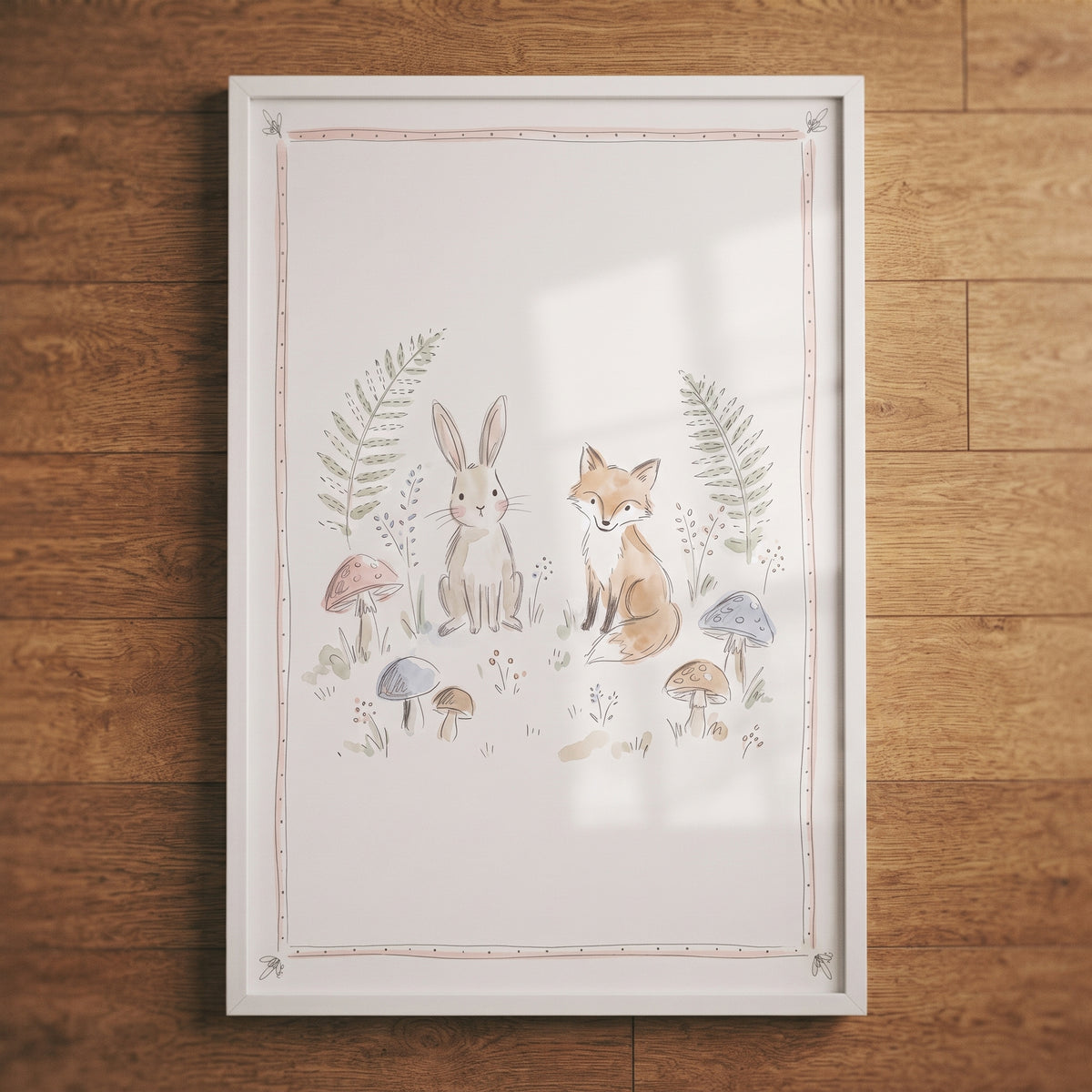 Watercolor woodland fox bunny wall art in a white frame features a cute fox and rabbit among mushrooms and ferns.