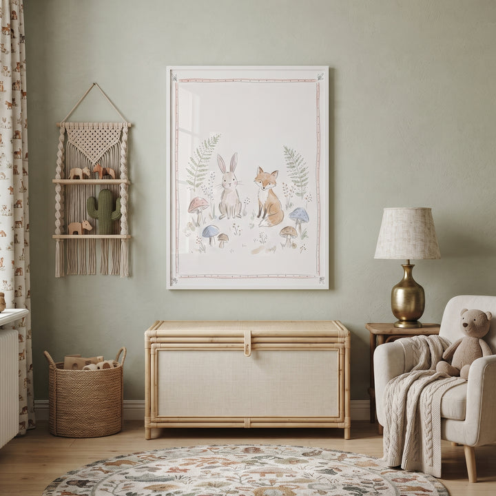 Sage green nursery with watercolor woodland fox bunny wall art, rattan chest, armchair, teddy bear, and a macrame shelf.