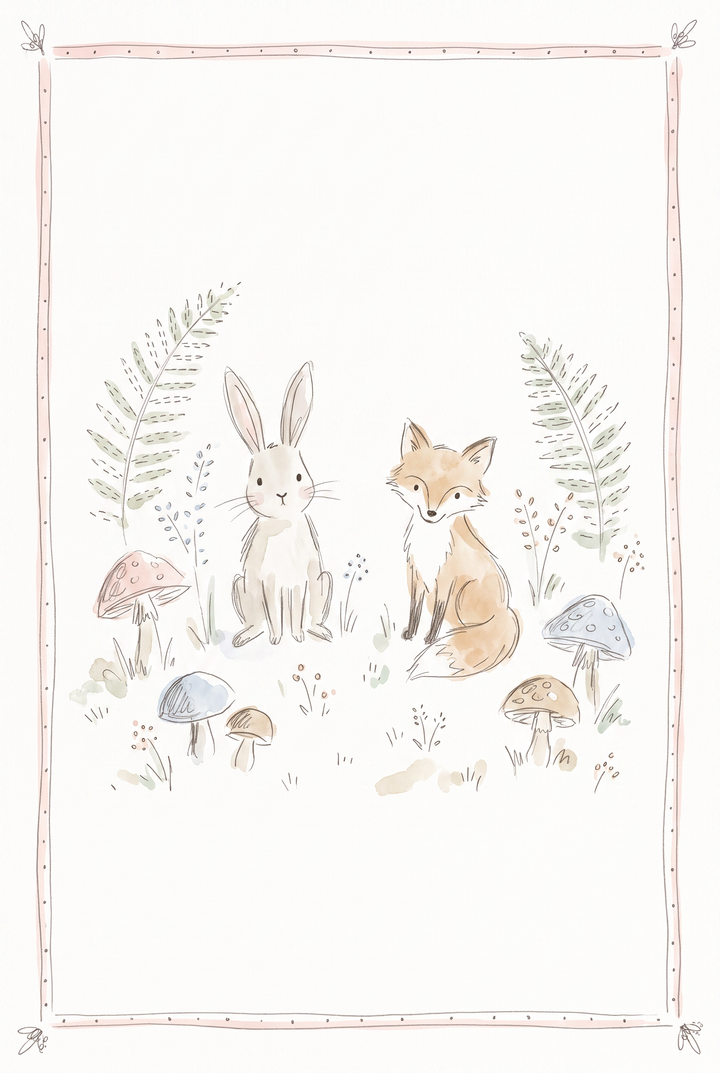 Watercolor woodland fox bunny wall art with a rabbit and fox sitting together among colorful mushrooms and ferns.