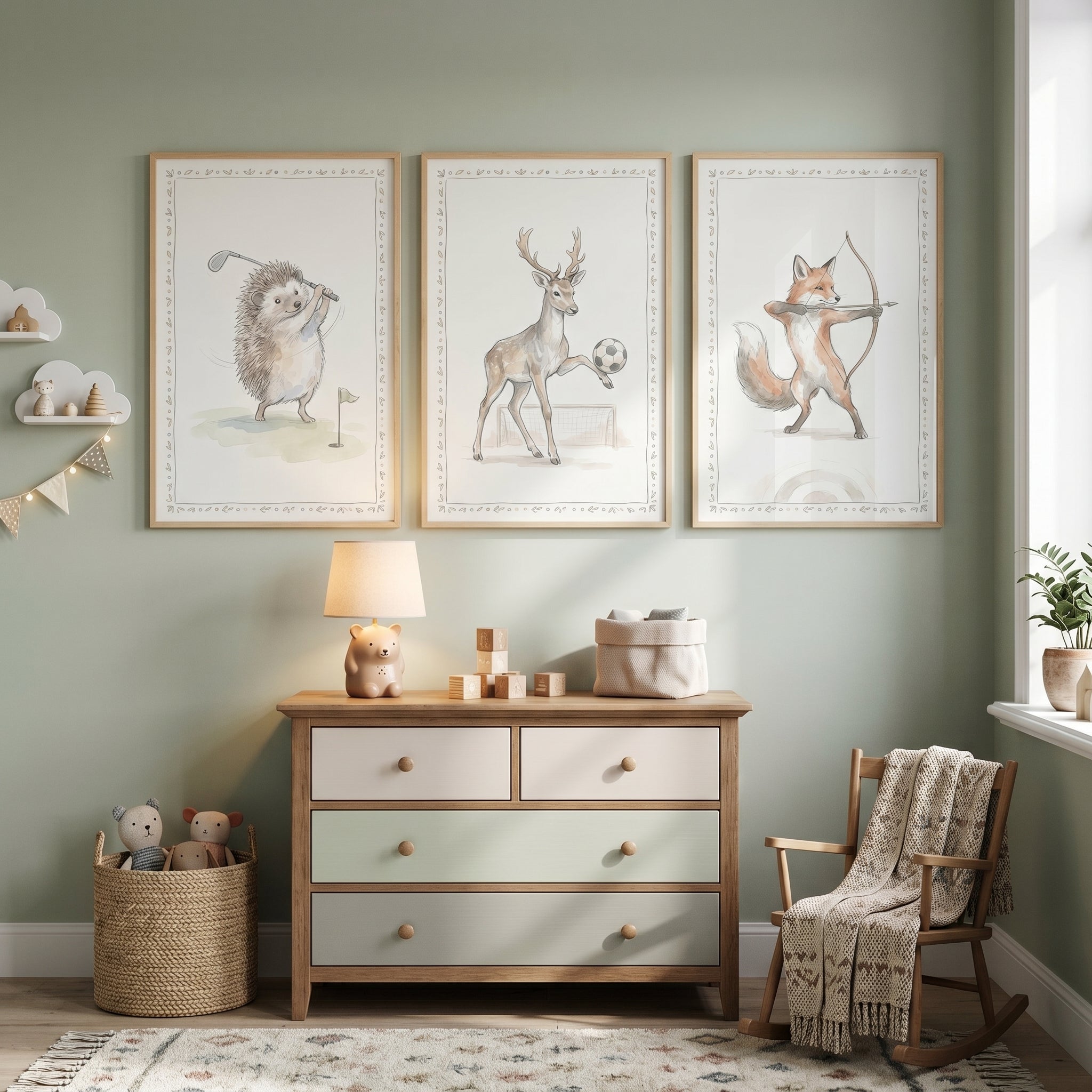 Watercolor Woodland Sports Animals Wall Art Set of 3 - Whimsical Forest Sports