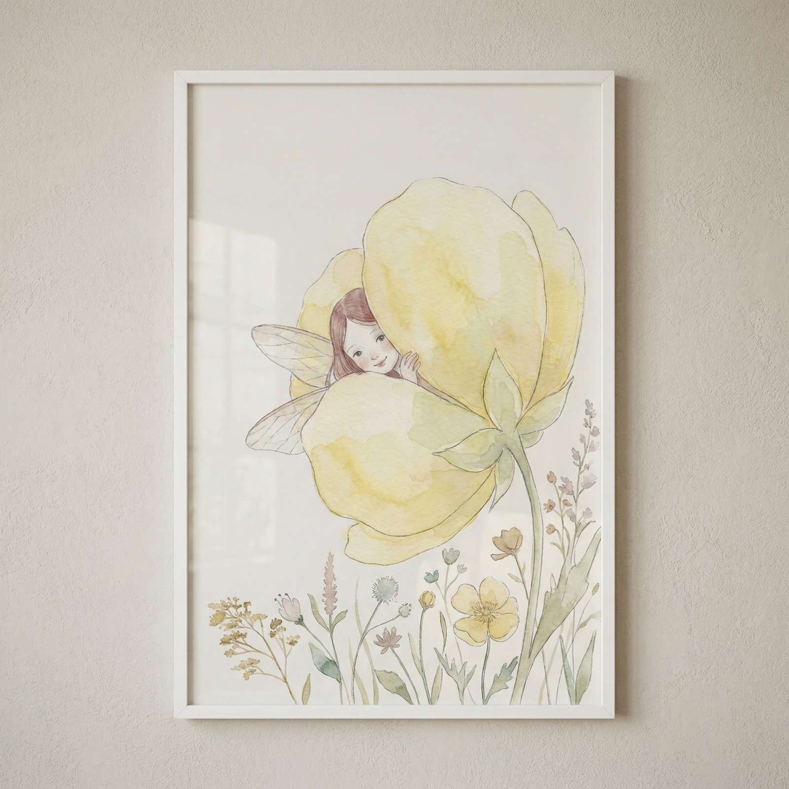 A framed vertical illustration in a soft watercolor style featuring a tiny fairy with brown hair and translucent wings peeking out from the petals of a large, pale yellow flower. The fairy is nestled between the delicate petals, showing only her head and a hand. At the base of the flower's stem, a variety of smaller wildflowers and grass-like foliage are depicted in muted tones. The artwork is displayed in a thin white frame against a plain, light-colored wall.