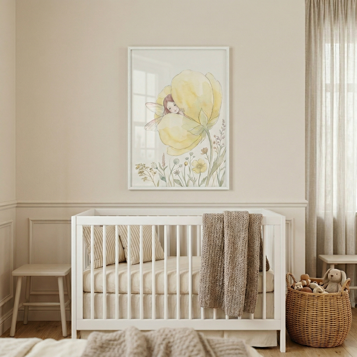 A serene, neutral-toned baby nursery features a white wooden crib as the focal point. Above the crib, a framed watercolor-style art piece depicts a tiny, whimsical fairy nestled within the petals of a large yellow blossom, surrounded by delicate field flowers. Inside the crib are two pillows with thin beige stripes and a chunky knit throw in a soft taupe hue hanging over the railing. 