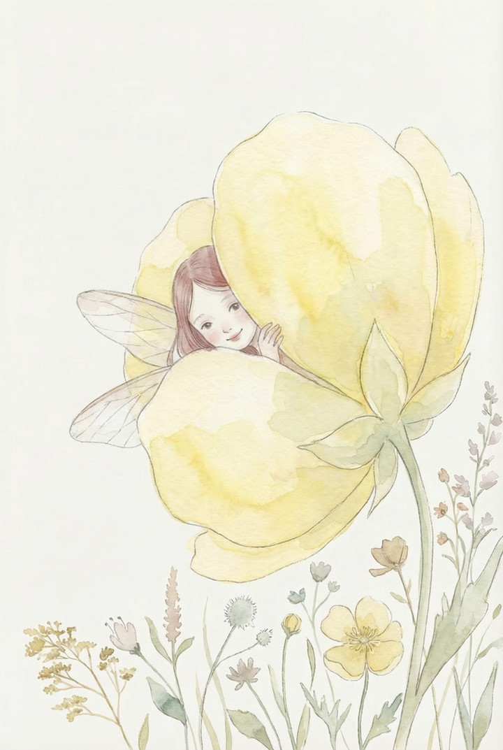Watercolor illustration of a fairy with soft wings peeking out from behind large yellow flower petals in a meadow of wildflowers. The scene feels cozy and playful with warm tones and delicate botanical details.
