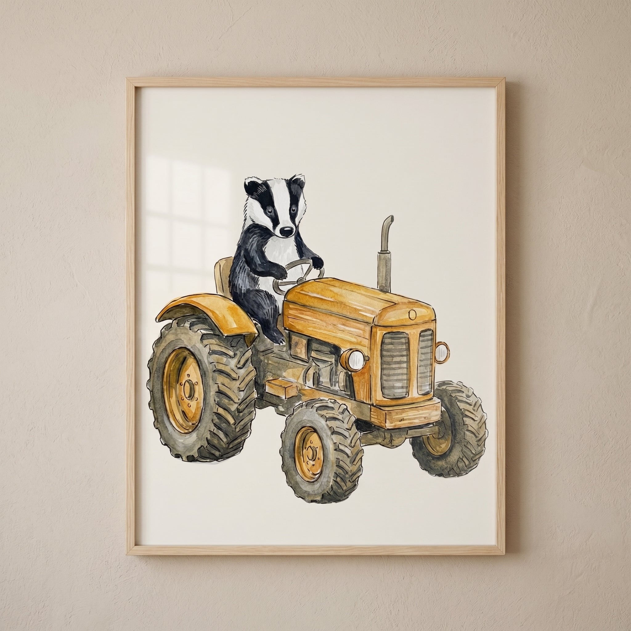 Watercolor Yellow Tractor Badger Wall Art - Badger Farm Life