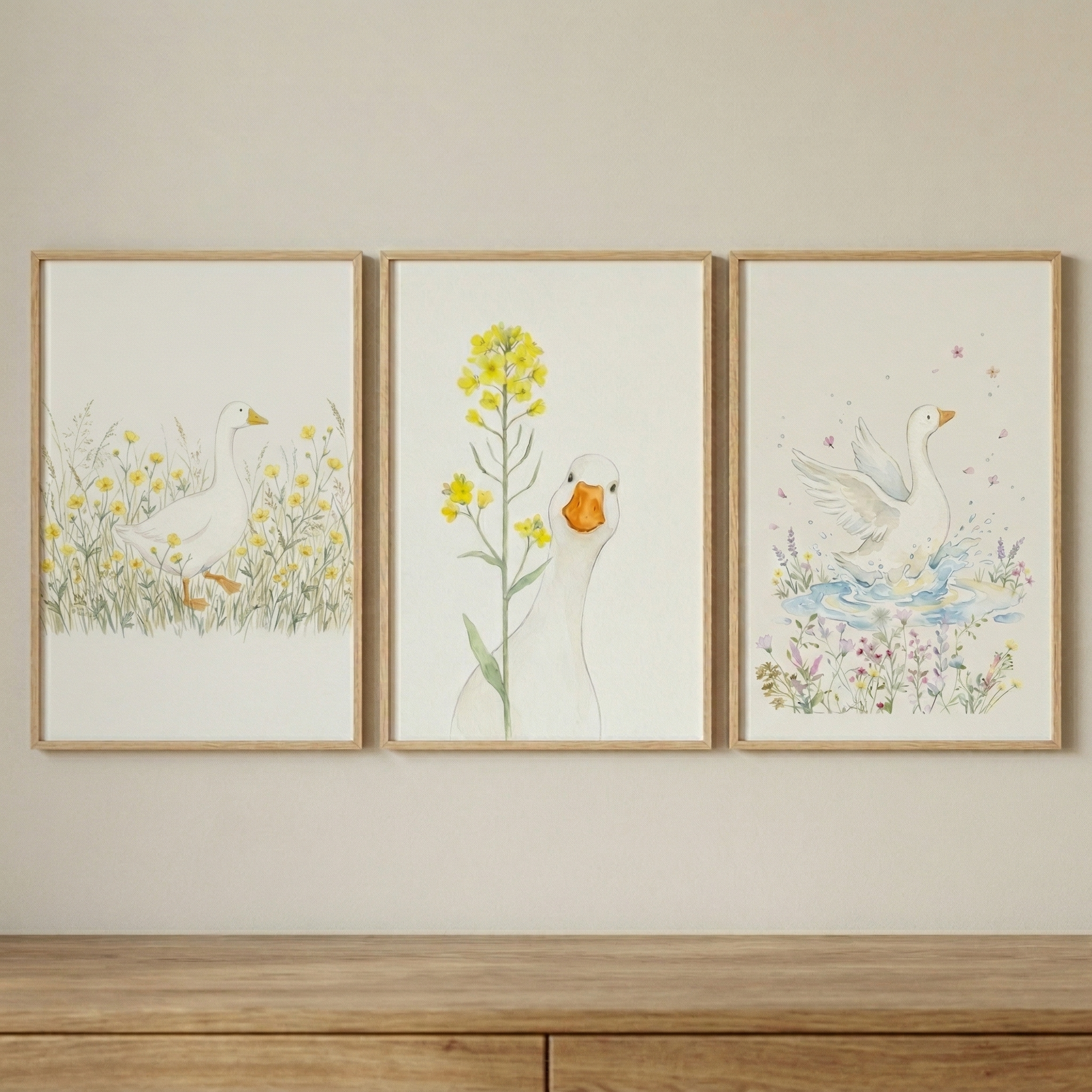 Watercolor Yellow Wildflower Goose Wall Art Set of 3 - Whimsical Duck Trio
