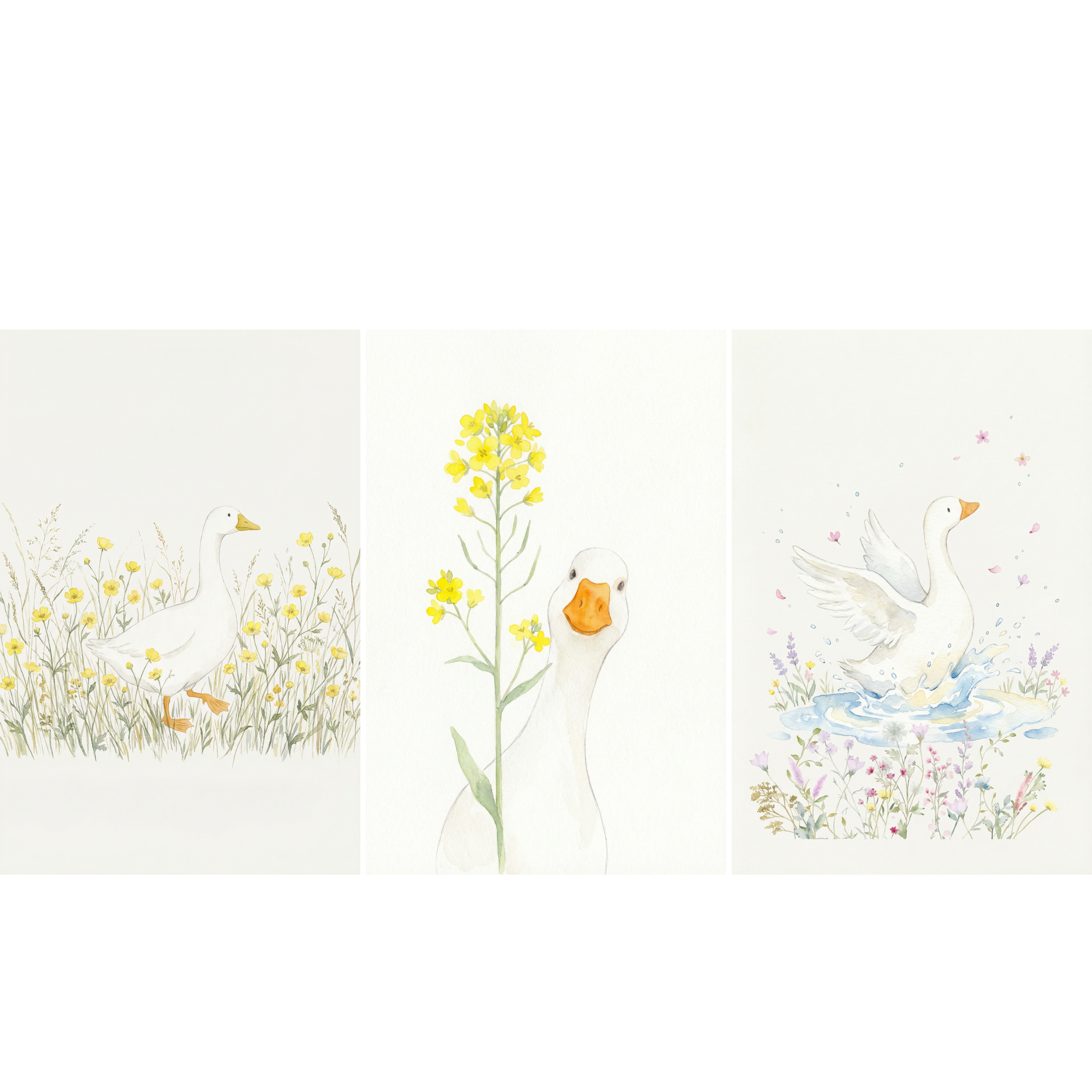Watercolor Yellow Wildflower Goose Wall Art Set of 3 - Whimsical Duck Trio