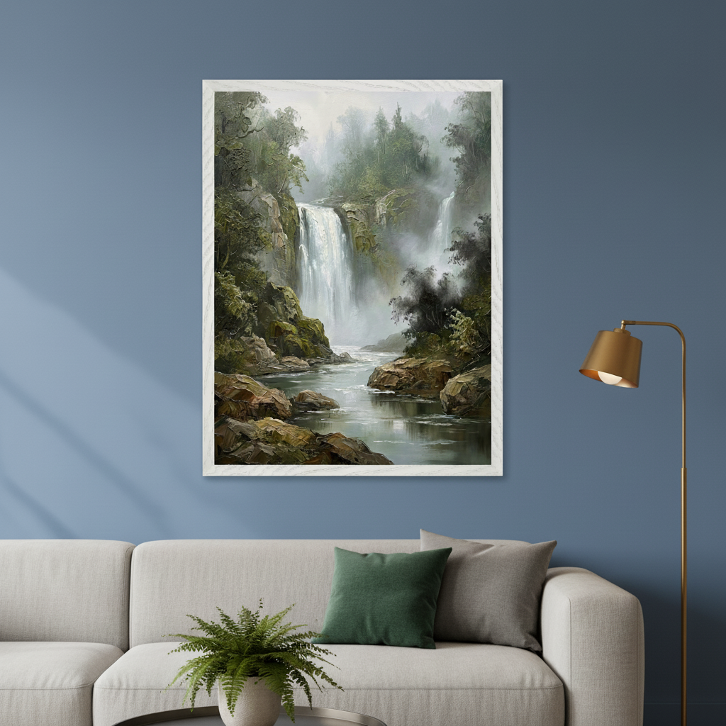 Modern living room with a light gray sectional sofa. A large framed painting of a misty waterfall in a lush green forest hangs centered above the sofa. A gold floor lamp stands to the right.