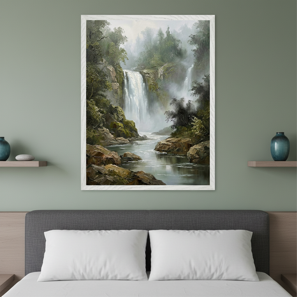 Modern bedroom with a gray upholstered bed and white pillows. A large framed oil painting of a misty waterfall in a lush forest with rocks and a river hangs centered above the bed. Floating shelves with vases are on either side.