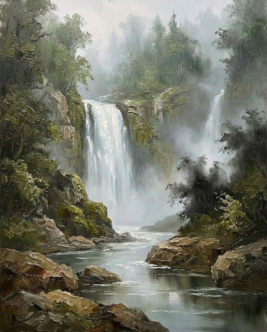 Dramatic oil painting of a misty waterfall cascading through a lush forest with rocky edges offering tranquil nature wall art for home or cabin spaces

