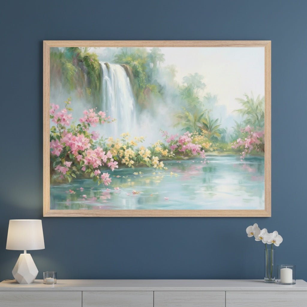 Modern living room with a white console table against a dark blue wall. A large framed painting of a tropical waterfall with pink and yellow flowers hangs centered above the console.