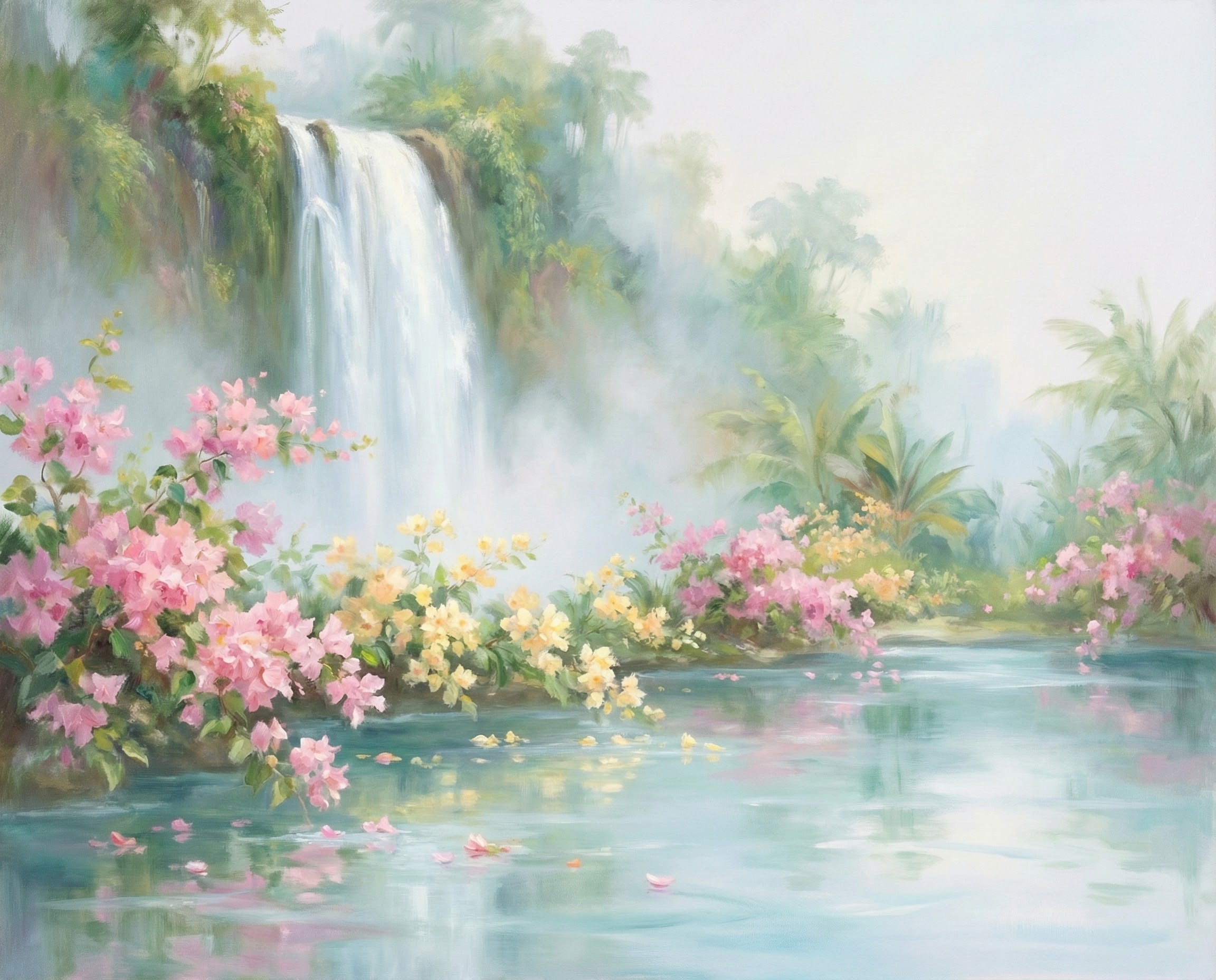Soft tropical landscape with cascading waterfall misty air and lush blooming pink and yellow flowers reflecting in calm turquoise water creating dreamy botanical wall art
