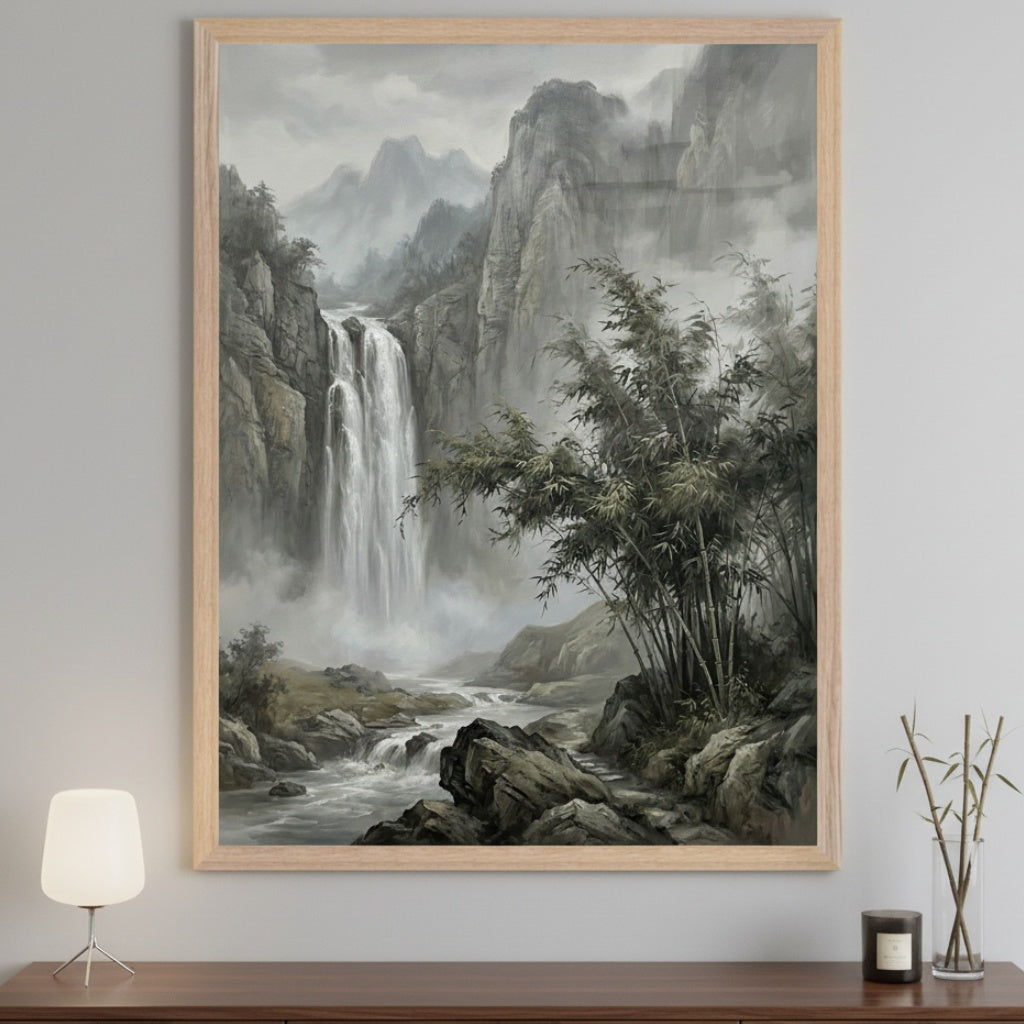 Modern room with a dark wooden dresser. A large framed painting depicting a misty waterfall, rocky mountains, and bamboo trees in an Asian landscape style hangs centered above the dresser. A lamp, candle, and bamboo stalks in a vase are on the dresser.