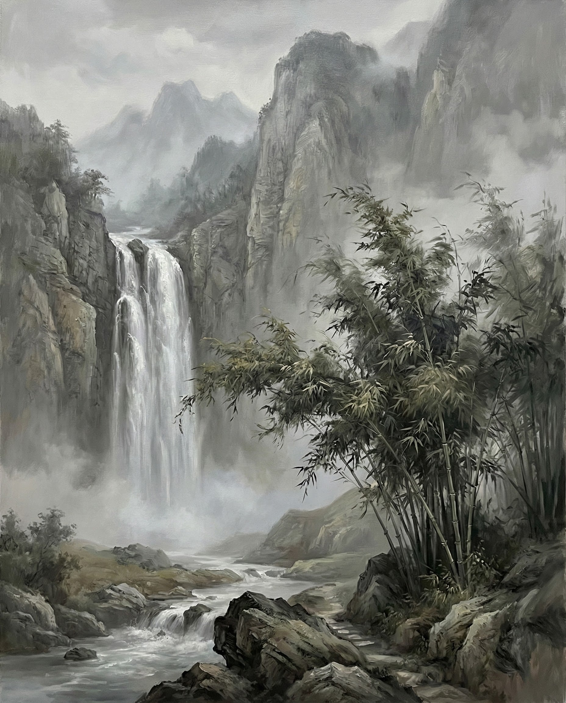 Monochrome-style painting of a tall waterfall cascading between rocky cliffs with bamboo trees and misty mountains ideal for tranquil Asian-inspired nature wall art

