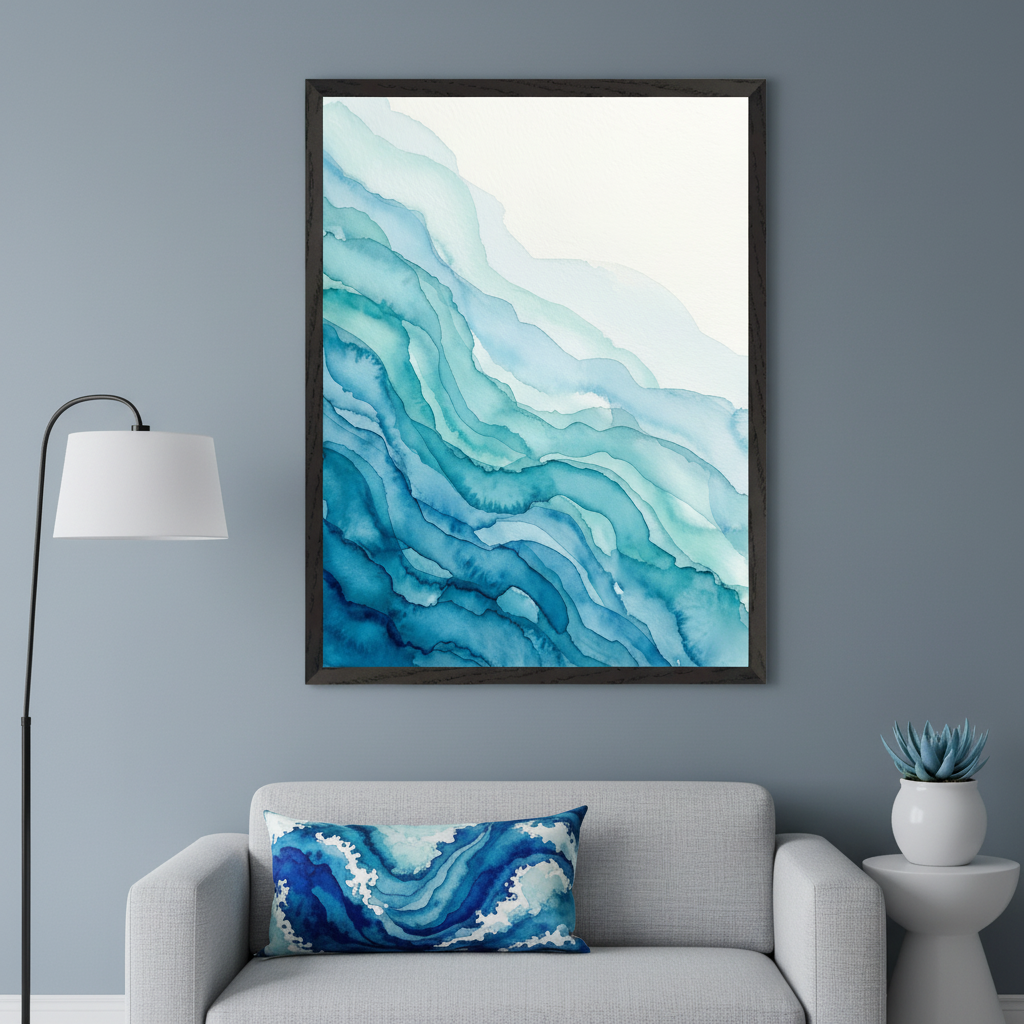 Modern living room with a gray sofa, floor lamp on the left, and white side table on the right. A large framed abstract watercolor painting of layered blue and teal waves hangs above the sofa. A matching wave-patterned pillow rests on the sofa.