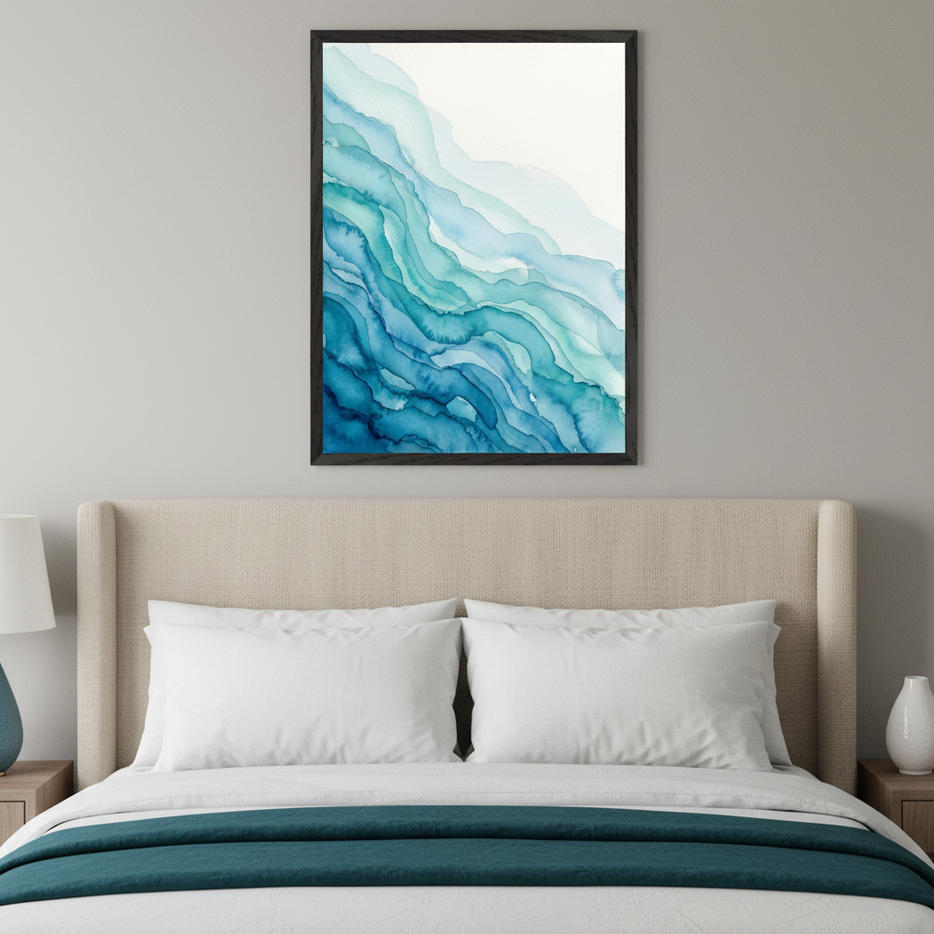 Modern bedroom with a bed featuring a beige upholstered headboard, white pillows, and a teal throw. Above the bed hangs a large framed abstract watercolor painting of flowing blue and teal wave-like forms against a white background.