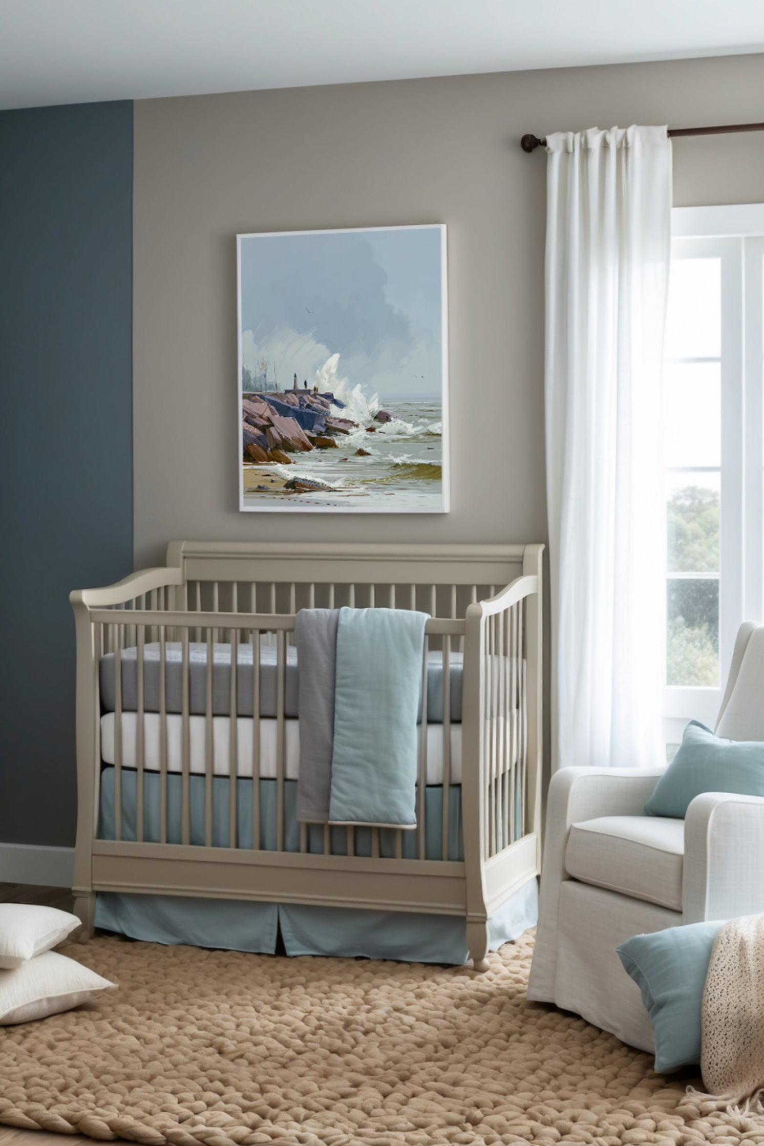 Cozy nursery decorated in calming shades of blue, gray, and beige, featuring a wooden crib with soft bedding. A coastal-themed painting of ocean waves and rocky shores hangs above the crib, enhancing the serene atmosphere of the room.