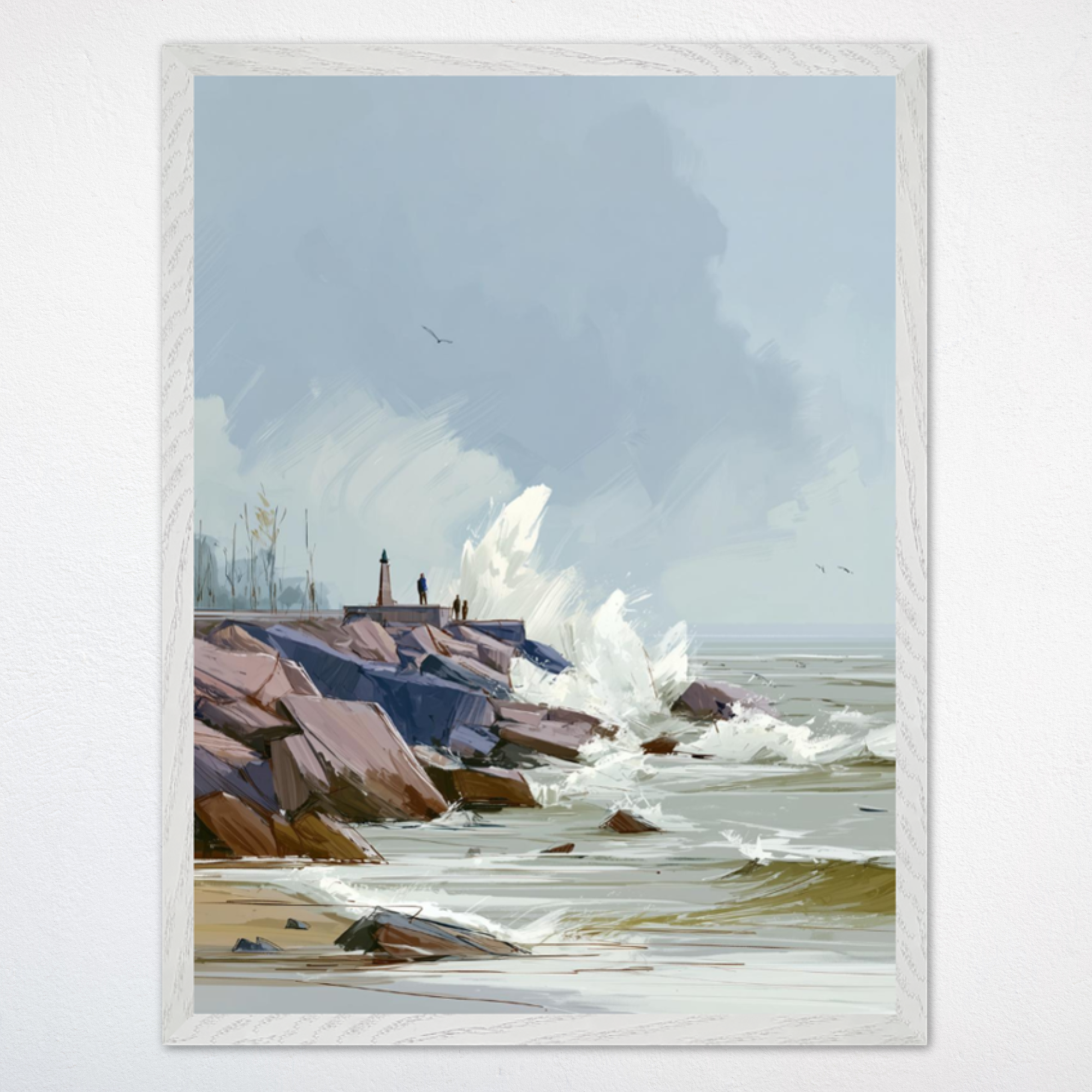 Rocky shoreline with large waves crashing against the rocks and a distant lighthouse. Two small figures stand near the lighthouse, and birds fly overhead in a cloudy sky.
