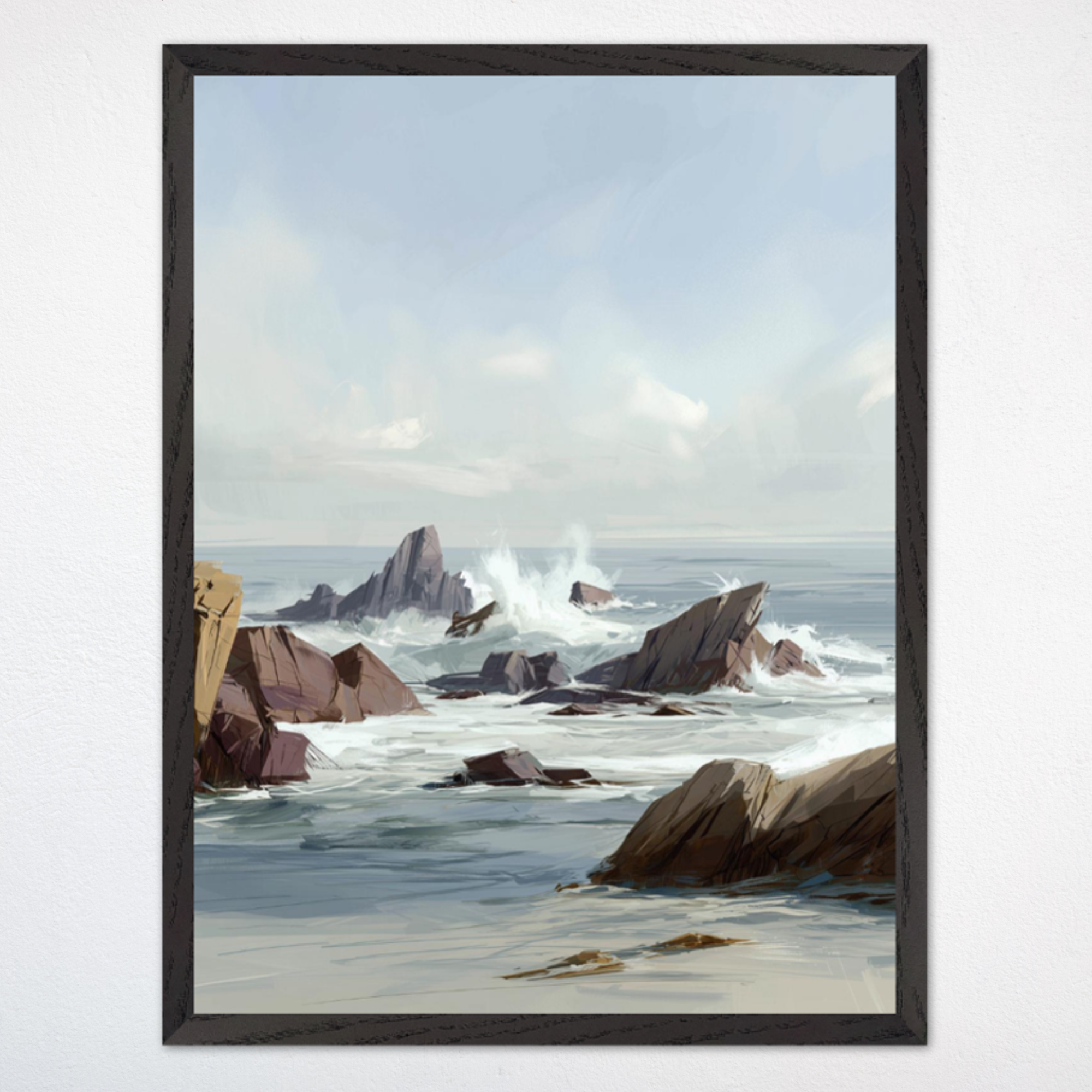 Waves crash dramatically against rocky outcrops along a rugged coastline, capturing the dynamic energy of the ocean. The soft color palette and loose brush strokes emphasize the wild yet serene beauty of the seascape.
