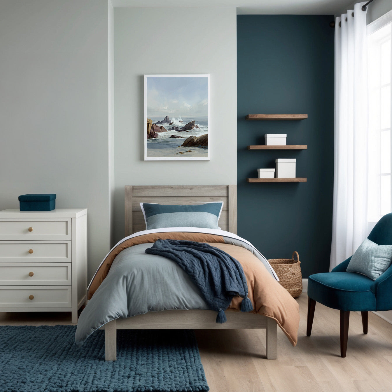 Contemporary bedroom styled in soothing blues, grays, and natural wood tones, creating a calming atmosphere. Above the bed, a framed painting of a rocky seascape with gentle waves and distant cliffs enhances the serene, ocean-inspired theme of the room.