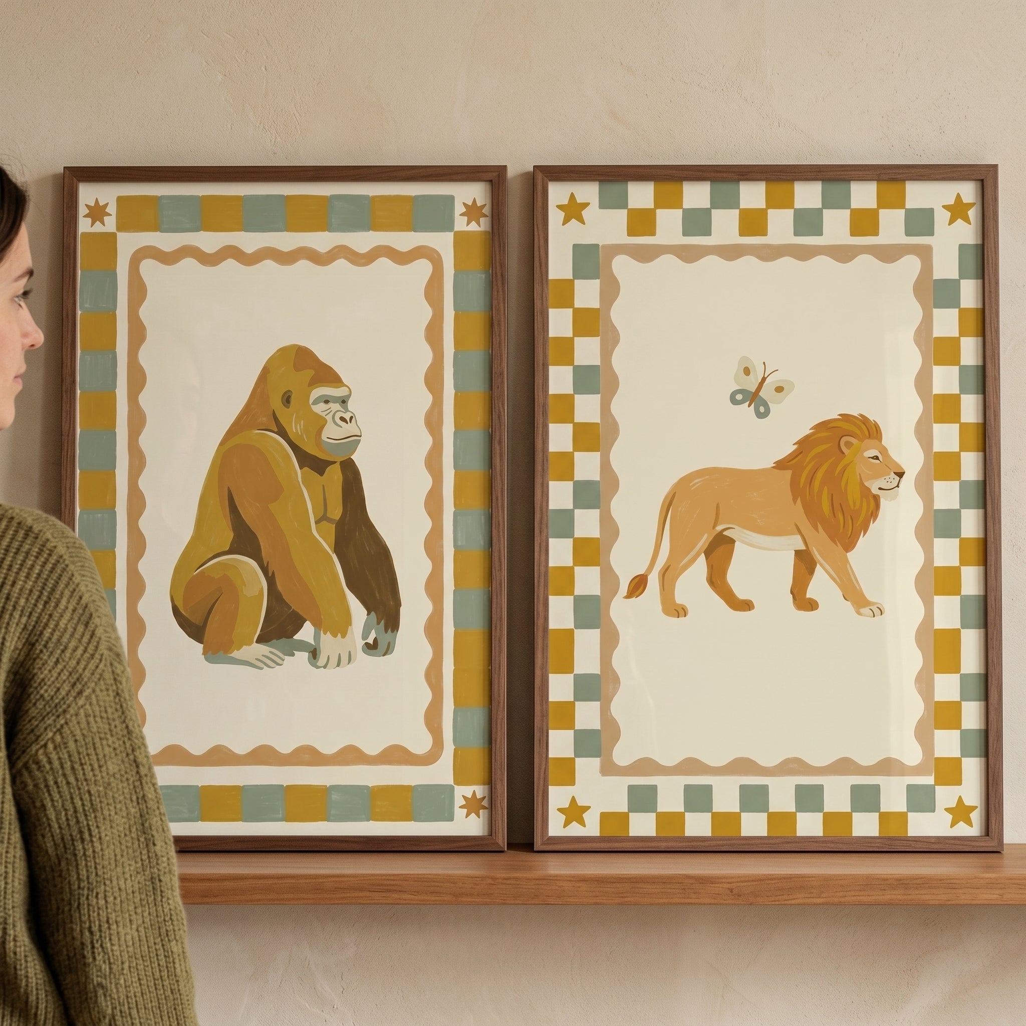 Wavy Border Safari Animal Wall Art Set of 2 - Whimsical Jungle Duo