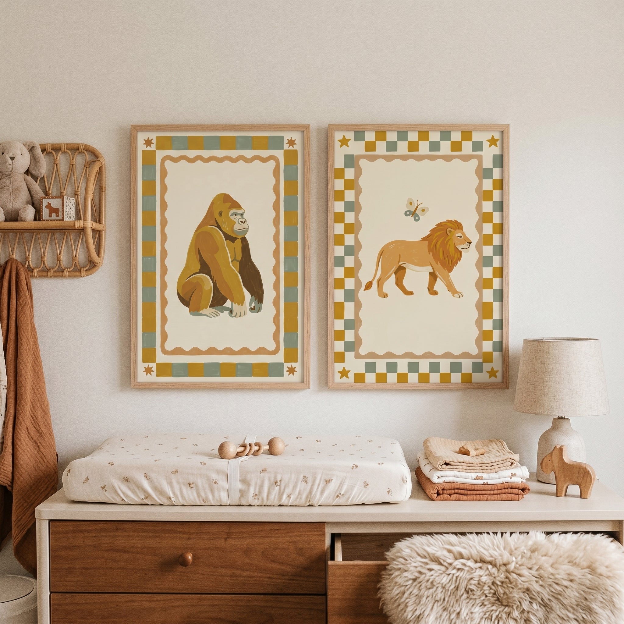 Wavy Border Safari Animal Wall Art Set of 2 - Whimsical Jungle Duo